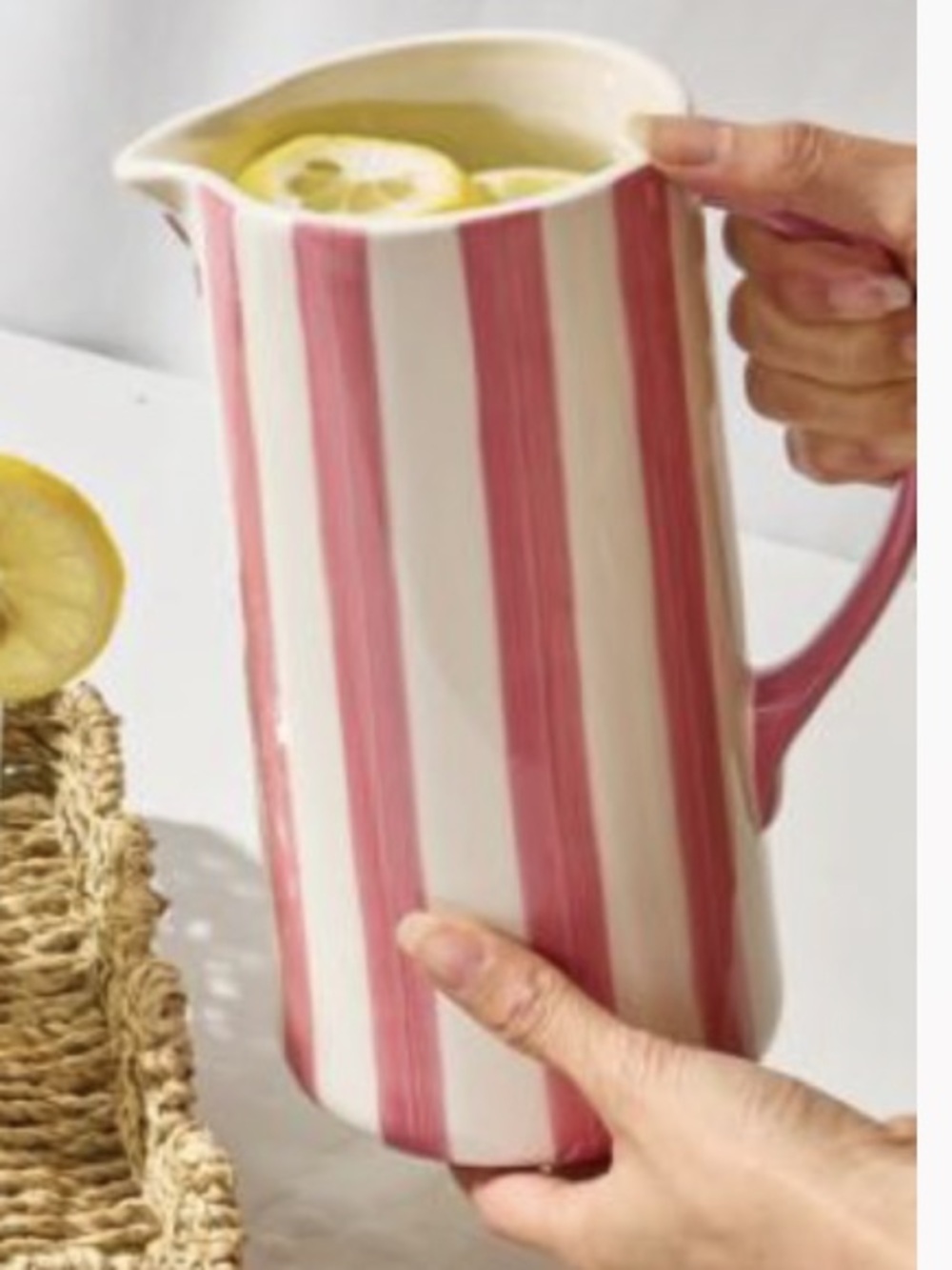 Noon & Moon Pink & White Striped 
Ceramic Pitcher